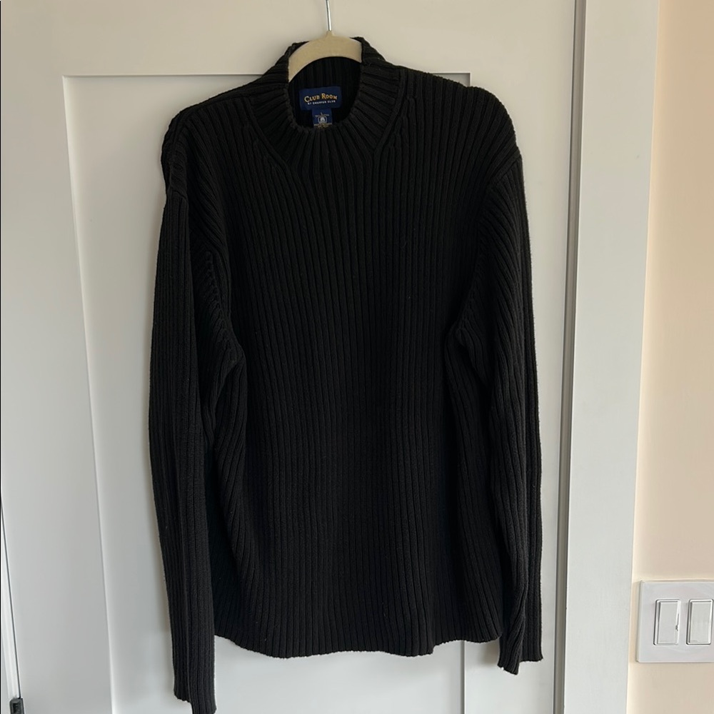 Black Cotton Ribbed Mock Neck Sweater